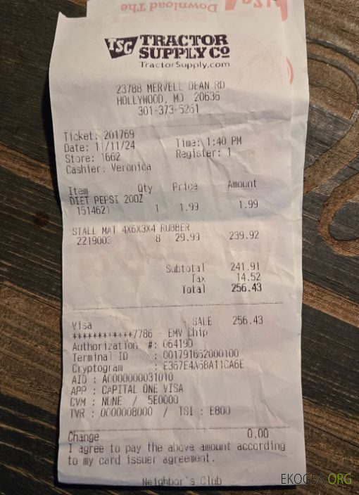 Reçu de paiement de la fourniture de tracteurs